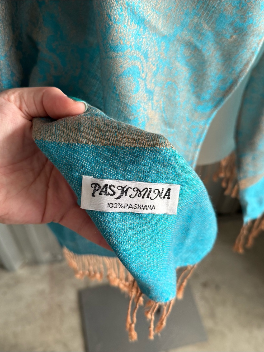 100% Pashmina Turquoise Paisley Fringe Shawl Wrap Scarf - Picture 2 of 8